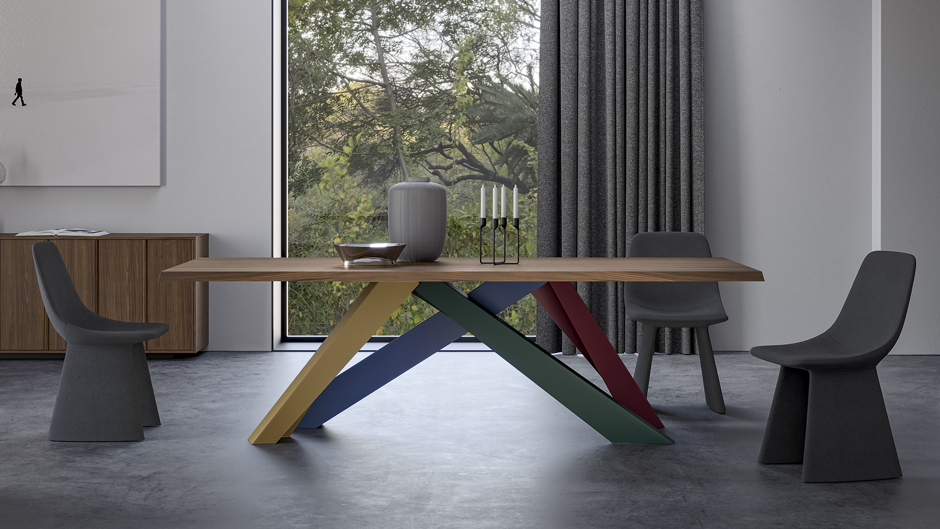 Bonaldo Big Table with solid wood top and laser-cut steel legs